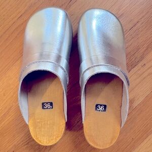 Silver Wooden Clogs - worn once